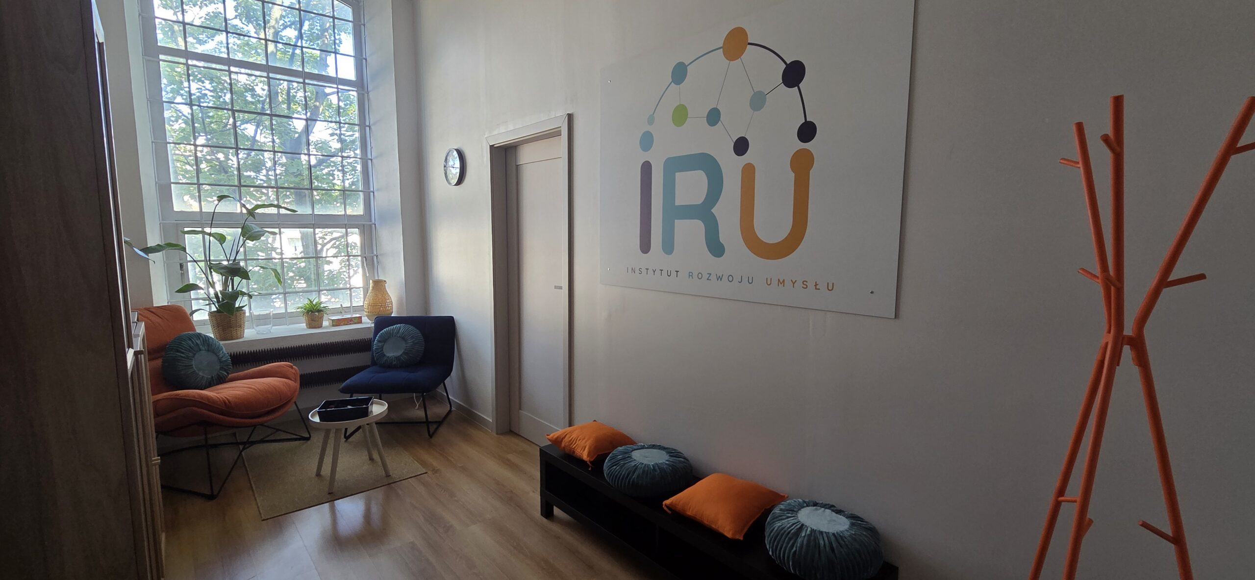 Korytarz Instytutu Rozwoju Umysłu z tablicą IRU